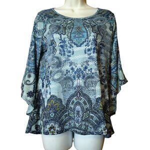 One World Live and Let Live Women's Medium Paisley Print 3/4 Bell Sleeve Blouse